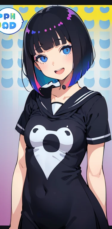 Realistic、1girl、black hair、(blunt bangs:1.3),blue eyes、open stance,(short hair),(eye focus:1.3,upper body),(gradient eyes:1.3),(sailor uniform
)、(Open mouth happy smile:1.3),cute face、,(tareme:1.3),(small breasts:1.3),(pop art, pop of color background:1.5)...