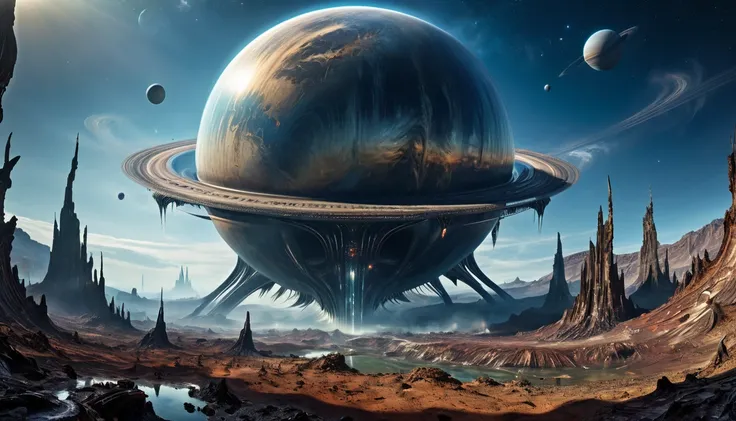 Alien planet, Ultra wide angle, (masterpiece, best quality, perfect composition, very aesthetic, absurdres, ultra-detailed, intricate details, Professional, official art, Representative work:1.3)