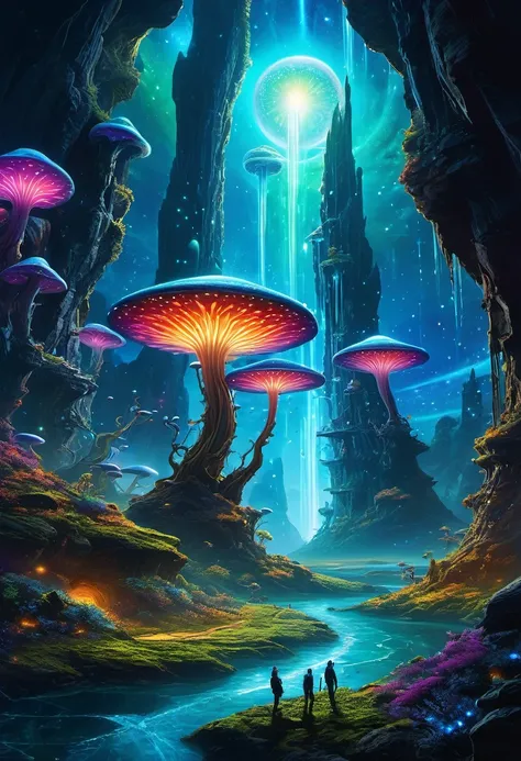 alien landscape,distant futuristic city,bioluminescent plants,glowing mushrooms,bizarre rock formations,alien creatures,ethereal atmosphere,colorful nebulas and galaxies,aurora borealis lights,hovering spacecrafts,luminescent rivers,cascading waterfalls,en...