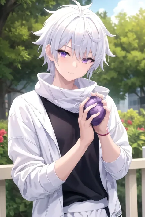 masterpiece, best quality, high quality, 1boy, solo, male focus, looking at viewer, upper body, ende, white hair, purple eyes, ,...