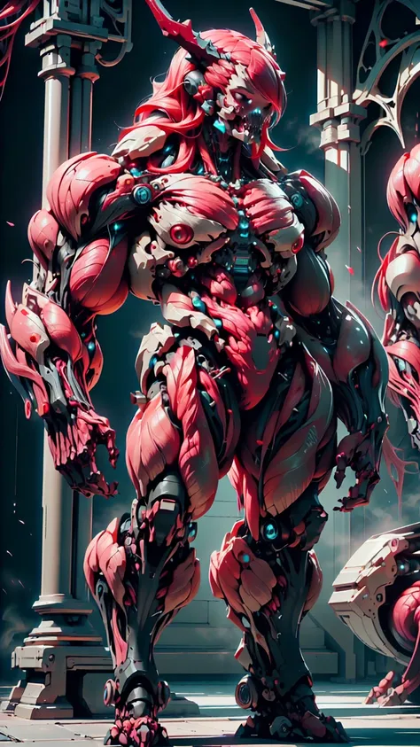 Cinematic, clear facial features and insanely detailed, the image captures the essence of (1 girl), (megan fox:1.25), (long red hair), (carnage skinless bio-mecha:1.25), (1 super muscular undead skinless succubus with gigantic horns:1.25), (covered in red ...