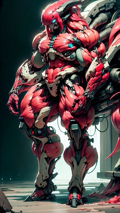 Cinematic, clear facial features and insanely detailed, the image captures the essence of (1 girl), (megan fox:1.25), (long red hair), (carnage skinless bio-mecha:1.25), (1 super muscular undead skinless succubus with gigantic horns:1.25), (covered in red ...