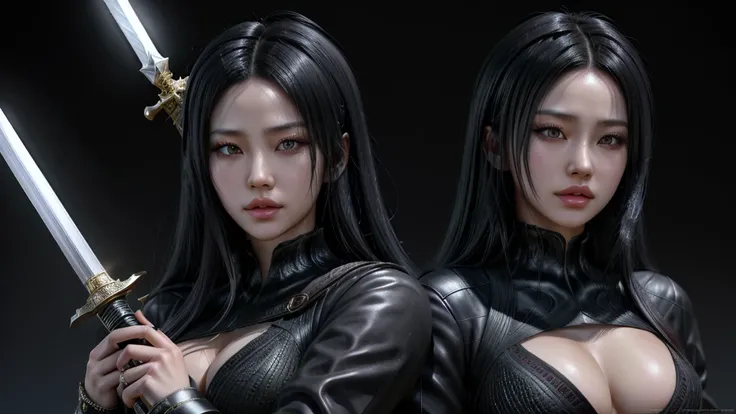 an asian woman holding a sword with black hair, 3d artist, 3d model, in the style of realistic and hyper-detailed renderings, anime-inspired characters, realistic portraiture, heistcore, dragoncore, realistic figures, delicate realism, dark white and dark ...