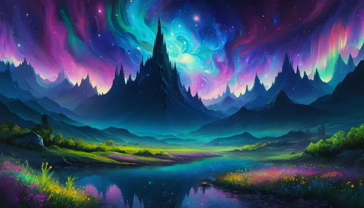 Immerse into the realm where extraterrestrial wonders unfold, a fusion of alien landscapes and Vincent van Goghs distinctive strokes. Picture a canvas alive with vibrant hues, where craggy peaks morph into towering spires, reminiscent of unearthly formatio...