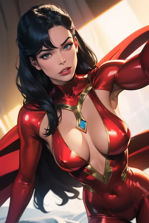 (best quality,8k:1.2,high resolution:1.2),ultra-detalhado,Realistic,SUPER HERO female,21 YEARS OLD,long BLACK hair,rosto extremamente detalhados,long eyelashes,all sheer RED LATEX leotard Apertado, RED FLYING CAPE,TRANSPARENT SKIN TONE SHINY pantyhose,Glos...