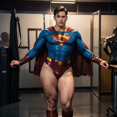 Man body setting，Superman costume tights , (bare thighs ) , sexy , NSFW , eroticism , R18 , seduction, standing , high raise thong , big thighs , fat hips
