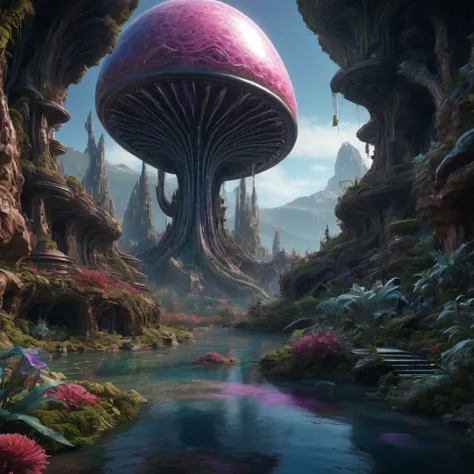 alien landscape, aesthetic, extremely detailed, 🌌. intricate, hyperrealism, hyperdetailed, elaborate, beautiful, elegant, entangled magnificent landscape detailed matte painting, deep color, fantastical, intricate detail, splash screen, complementary color...