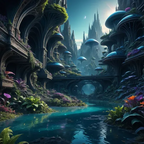 alien landscape, aesthetic, extremely detailed, 🌌. intricate, hyperrealism, hyperdetailed, elaborate, beautiful, elegant, entangled magnificent landscape detailed matte painting, deep color, fantastical, intricate detail, splash screen, complementary color...