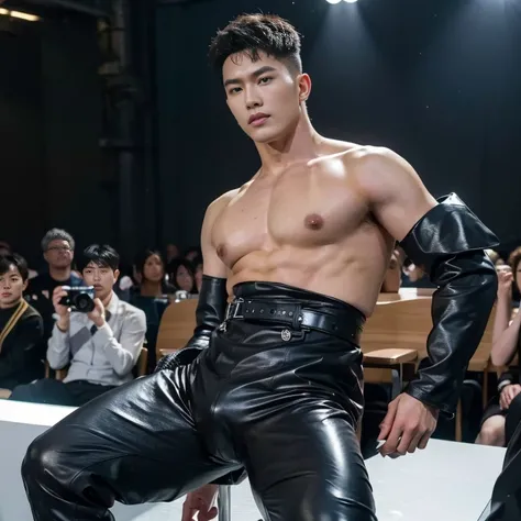 photo of a handsome (korean man), ((futuristic fashion show)), (Supermodel), runway, (smirk:0.7), coiffed hairstyle, (oily skin), (looking at viewer), fashion model posing, b0ndage, ((bondage strap outfit)), male focus, dynamic movement, (ultra realistic, ...