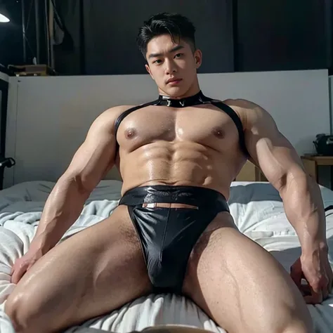 photo of a handsome (korean man),  (smirk:0.7), coiffed hairstyle, (oily skin), (looking at viewer), fashion model posing, b0ndage, ((bondage strap outfit)), male focus, dynamic movement, (ultra realistic, masterpiece, hdr, intricate details, detailed back...