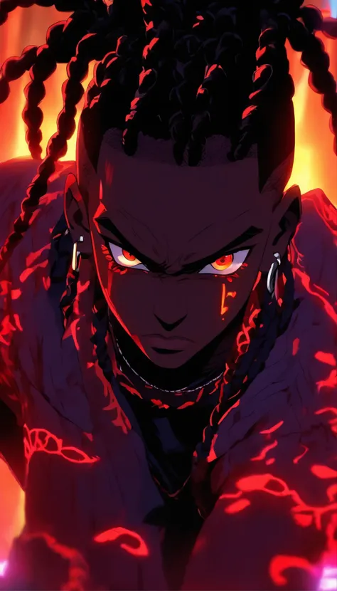 blacklight,1 black man with red eyes and black cornrows