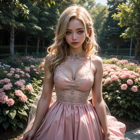 8k, RAW photo, Fujifilm, style photo of a beautiful young woman as avril in a garden of light pink roses (highly detailed skin: 1.2) Style-Petal BREAK short hair, blonde hair with colored locks, wearing a dress, film granulation, 35mm, cute style