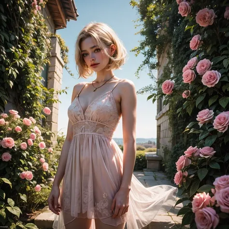 8k, RAW photo, Fujifilm, style photo of a beautiful young woman as avril in a garden of light pink roses (highly detailed skin: 1.2) Style-Petal BREAK short hair, blonde hair with colored locks, wearing a sheer sundress, film granulation, 35mm, cute style