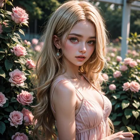 8k, RAW photo, Fujifilm, style photo of a beautiful young woman as avril in a garden of light pink roses (highly detailed skin: 1.2) Style-Petal BREAK short hair, blonde hair with colored locks, wearing a sheer sundress, film granulation, 35mm, cute style