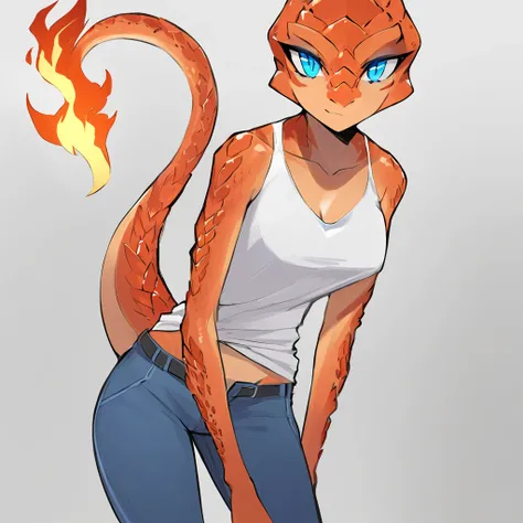 Red-orange scaled Lizard monster girl with intense blue eyes a tail with a flame on it and dressed in a shirt and jeans
