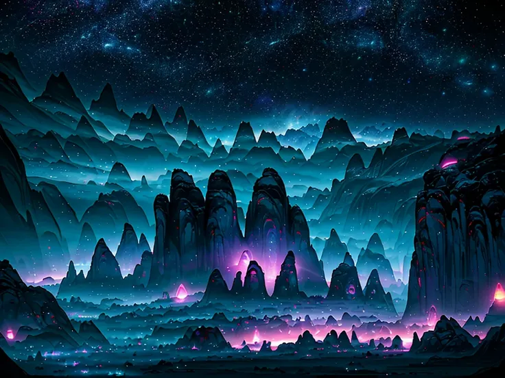 (bright colors, vibrant hues, glowing lights, sci-fi:1.1), detailed rocks and mountains, alien blue plants, strange and unique textures, surreal atmosphere, eerie glow, futuristic technology, mysterious celestial objects, starry sky, alliens animals, detai...