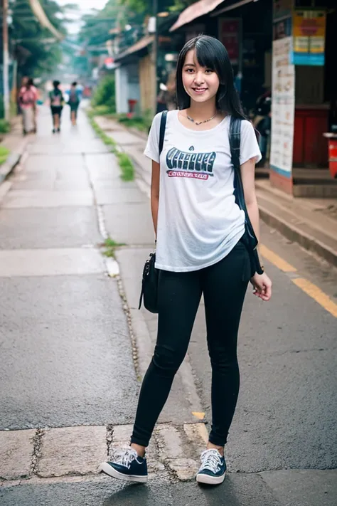 A black-haired Thai female university student standing on the streets of Chiang Mai