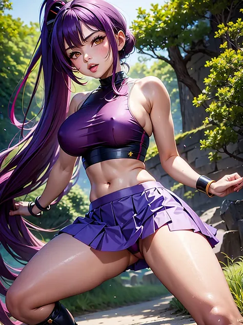 super quality, many details, a sexy warrior, with a short skirt, holding a bow, with a low-cut T-shirt, big breasts, big orange eyes, hair in a ponytail, piercing gaze, boots, hair in two shades of purple and yellow, wide bracelets on the hands, a jungle i...