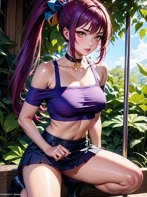 uper quality, many details, a sexy warrior, with a short skirt, holding a bow, with a low-cut T-shirt, big breasts, big orange eyes, hair in a ponytail, piercing gaze, boots, hair in two shades of purple and yellow, wide bracelets on the hands, a jungle in...