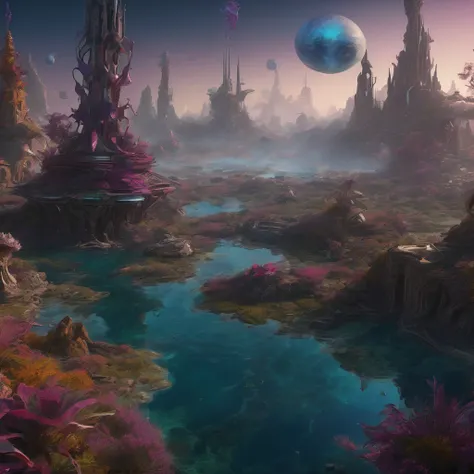 alien landscape, aesthetic, extremely detailed, 🌌. intricate, hyperrealism, hyperdetailed, elaborate, beautiful, elegant, entangled magnificent landscape detailed matte painting, deep color, fantastical, intricate detail, splash screen, complementary color...