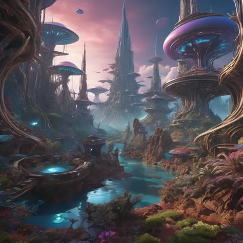 alien landscape, aesthetic, extremely detailed, 🌌. intricate, hyperrealism, hyperdetailed, elaborate, beautiful, elegant, entangled magnificent landscape detailed matte painting, deep color, fantastical, intricate detail, splash screen, complementary color...