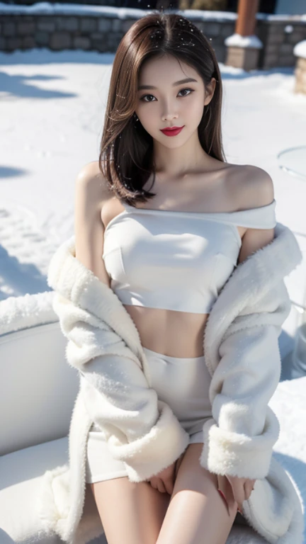 best quality, 4k, 8k, Detailed faces, clear face, a pretty girl, Korean makeup, Red lips,laugh, perfect body,shoulder length straight bob hair,small breasts,thigh,slim,thin, The girl wears a wide white mink fur coat, Underneath the jacket was white sweater...