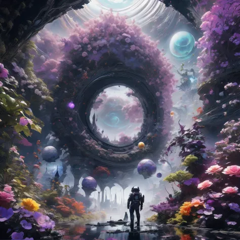 alien landscape, aesthetic, extremely detailed, astronaut in Zero Gravity Galaxy, discovery a Purple Rose in black hole !!!, breathtaking borderland fantasycore artwork by Android_Jones, Jean Baptiste monge, Alberto Seveso, James Jean, Jeremy Mann, maximal...