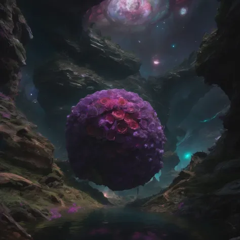 alien landscape, aesthetic, extremely detailed, astronaut in Zero Gravity Galaxy, discovery a Purple Rose in black hole !!!, breathtaking borderland fantasycore artwork by Android_Jones, Jean Baptiste monge, Alberto Seveso, James Jean, Jeremy Mann, maximal...