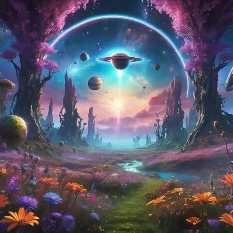 alien landscape, aesthetic, extremely detailed, Aliens holding hands in a circle in a meadow of alien flowers, galaxies and planets in the sky, detailed matte painting, deep color, fantastical, intricate detail, splash screen, complementary colors, fantasy...