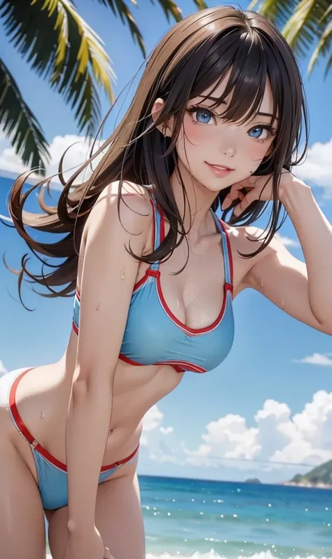 seaside beach, blue sky and blue ocean, masterpiece, highest quality, camels toe, o-face, cinematic light, 8K resolution, sharp focus: 1.2, perfect style,  (detailed eyes and skin), (detailed facial features), perfect body, Anatomically correct, beautiful ...