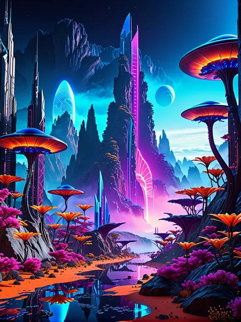 hyper-realistic alien landscape, futuristic planet, towering alien architecture, exotic alien flora, glowing alien crystals, vibrant neon hues, cinematic dramatic lighting, volumetric fog, sense of scale, awe-inspiring, ethereal, highly detailed, intricate...