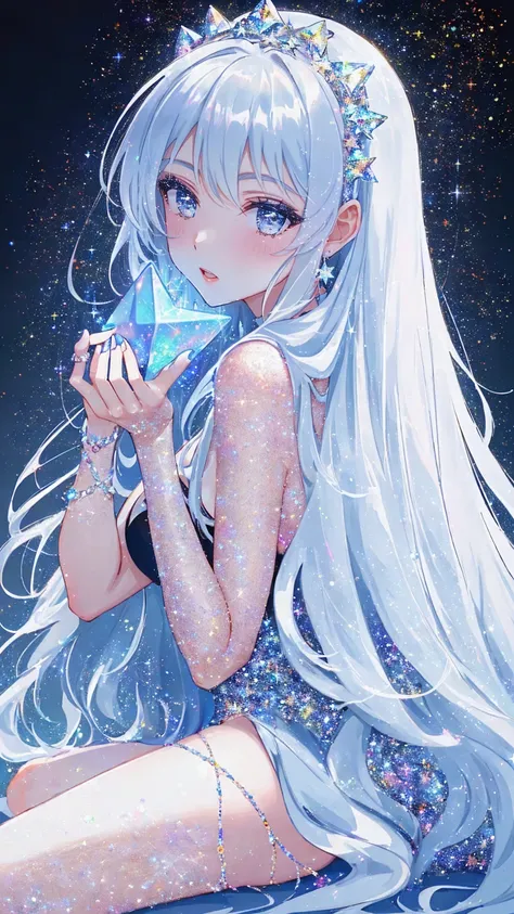 {-erro_de_anatomia:1.0} masterpiece, highest quality, (perfect face:1.1, (high detail)1.1, sweet stardust vampire , long soft white hair, opal eyes, perfectly drawn face, black dress, stars detailed background, prismatic lighting, glitter, whole bod., Very...