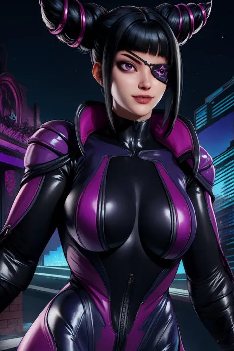 juri , black hair,two-tone hair, hair horns, purple eyes, eyepatch,  
bodysuit, clothing cutout, 
standing, upper body, evil smi...