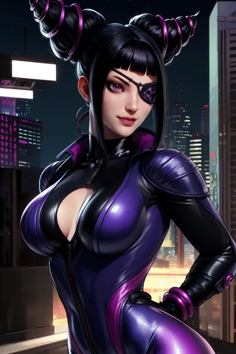 Juri , black hair,two-tone hair, hair horns, purple eyes, eyepatch,  
bodysuit, clothing cutout, 
standing, upper body, evil smile, 
night club,
(insanely detailed, beautiful detailed face,beautiful detailed eyes, masterpiece, best quality) , solo, dinamic...