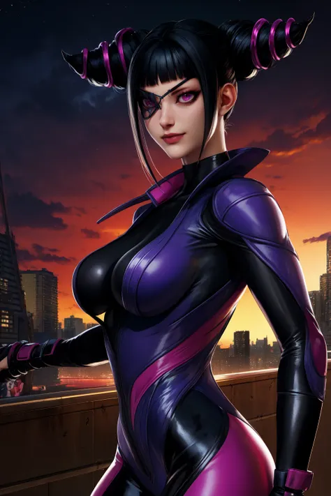 juri , black hair,two-tone hair, hair horns, purple eyes, eyepatch,  
bodysuit, clothing cutout, 
standing, upper body, evil smi...