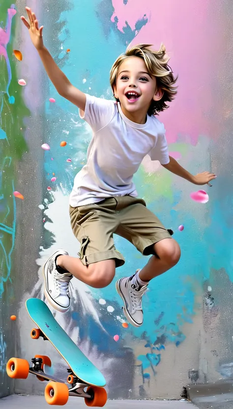 ((masterpiece: 1.5, wide long shot: 1.5)). (young boy on top of a skateboarder, the shot has to be wide long shot: 1.5, Esqueiters clothes, Generate a delicate and modest fae exploring a (clothes and details with a wide variety of bright color tones, cyan,...