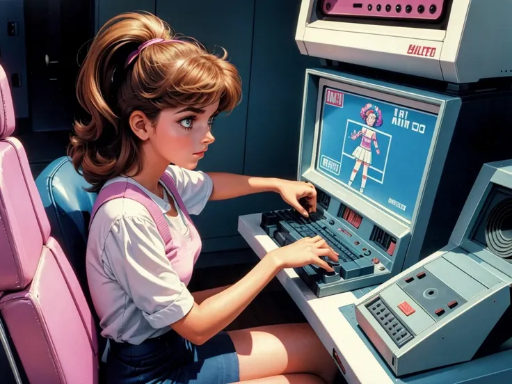 1980s, retro shooting game, girl sitting in front of an 8-bit computer and engrossed in the game