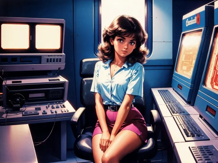 1980s, retro shooting game, girl sitting in front of an 8-bit computer and engrossed in the game