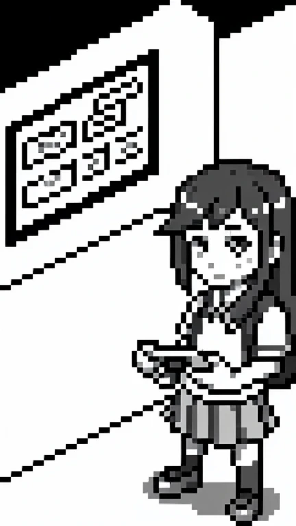 primary school student, {{A  holding and playing a portable retro game}}, nintendo game watch, Game screen is monochrome, pixel art