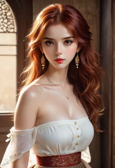 best quality, masterpiece, (actual: 1.2), 1 girl, slim girl, Red hair, brown eyes, front, Detailed face, beautiful eyes, brown eyes, big eyes, small breasts, split, long skirt