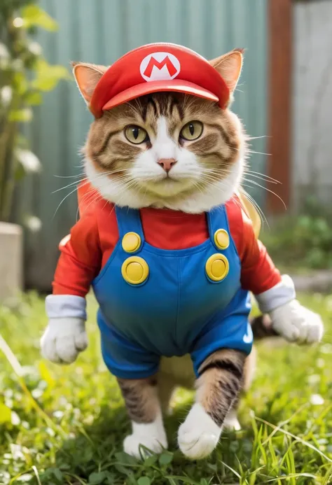 a cat on super mario costume, retro game, detailed