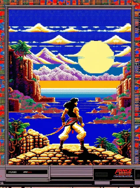 "Prince of Persia" 8 bit game, Konami Studio, 90s, collage, old tube TV screen, protogenes,((Best quality, masterpiece)),
(Higher detail), Impressionism:1.1, 8k