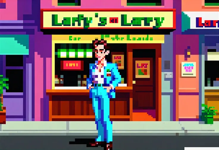  Larry on the street near "Lefty’s" Bar .  screenshot of the game "Leisure Suit Larry in the Land of the Lounge Lizards" 1987. Larry on the street near "Lefty’s" Bar . Full simulation of graphics . high quality, masterpiece. best quality,, super detail