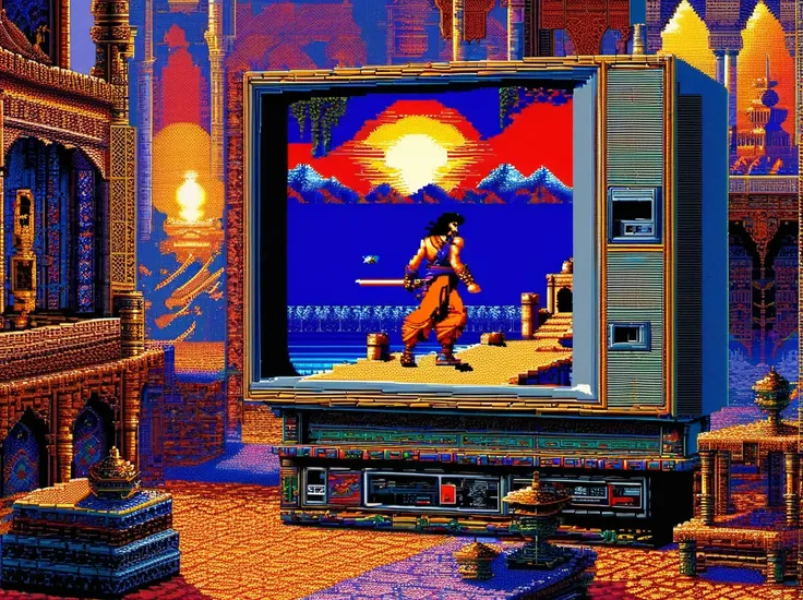 Game "Prince of Persia", 8 bit game, Konami Studio, 90s, collage, old tube TV screen, protogenes,((Best quality, masterpiece)),
(Higher detail), Impressionism:1.1, 8k