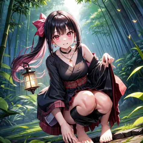 Pink-black hair、red eyes、two good looking girls、solo、anime、plaid mini skirt、black camisole、black t-shirt、kimono、wearing a ribbon、ribbon at waist、stone slabs are piled up、crystal earrings、jewelry necklace、Light and shadow、clock、petal、tilting one&#39;s face、...