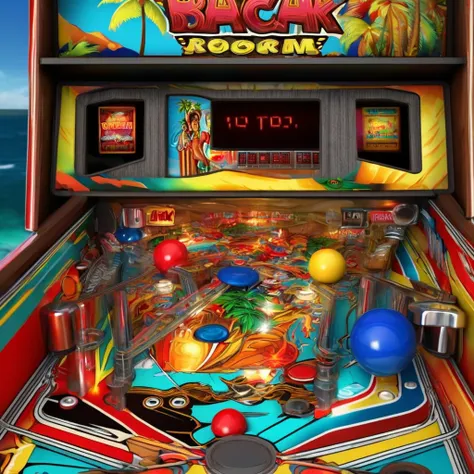 (best quality,4k,8k,highres,masterpiece:1.2),ultra-detailed,(realistic,photorealistic,photo-realistic:1.37),retro arcade game,pinball machine,game play Beach Pinball,classic machines,old-school gaming experience,neon lights,flashing colors,nostalgic atmosp...