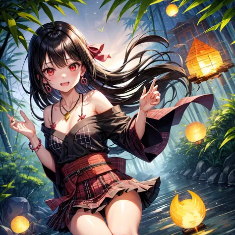 Pink-black hair、red eyes、one good looking girl、solo、anime、plaid mini skirt、black camisole、black t-shirt、kimono、wearing a ribbon、ribbon at waist、stone slabs are piled up、crystal earrings、jewelry necklace、Light and shadow、clock、petal、tilting one&#39;s face、t...