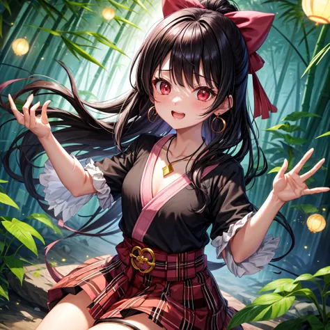 Pink-black hair、red eyes、one good looking girl、solo、anime、plaid mini skirt、black camisole、black t-shirt、kimono、wearing a ribbon、ribbon at waist、stone slabs are piled up、crystal earrings、jewelry necklace、Light and shadow、clock、petal、tilting one&#39;s face、t...