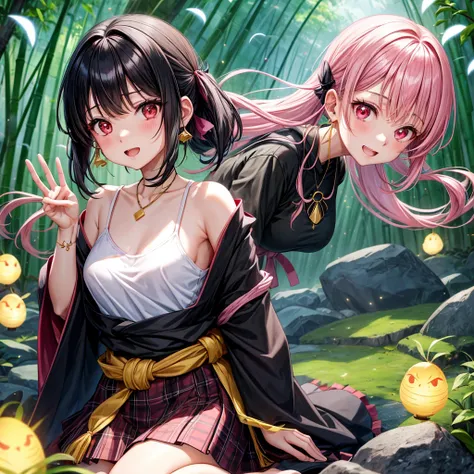 Pink-black hair、red eyes、one good looking girl、solo、anime、plaid mini skirt、black camisole、black t-shirt、kimono、wearing a ribbon、ribbon at waist、stone slabs are piled up、crystal earrings、jewelry necklace、Light and shadow、clock、petal、tilting one&#39;s face、t...