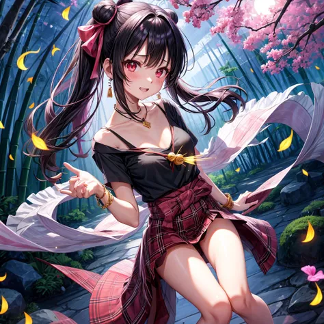 Pink-black hair、red eyes、one good looking girl、solo、anime、plaid mini skirt、black camisole、black t-shirt、kimono、wearing a ribbon、ribbon at waist、stone slabs are piled up、crystal earrings、jewelry necklace、Light and shadow、clock、petal、tilting one&#39;s face、t...